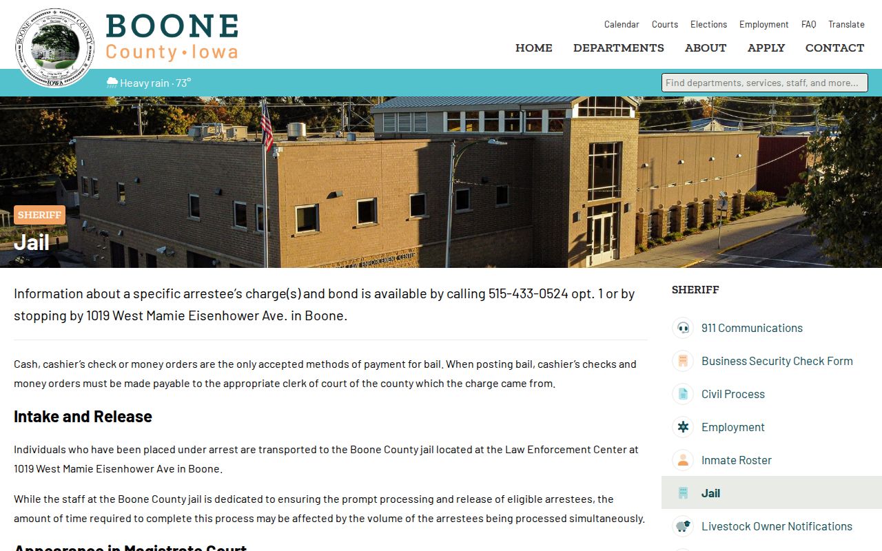 Boone County Jail page with charge bond and release guidance