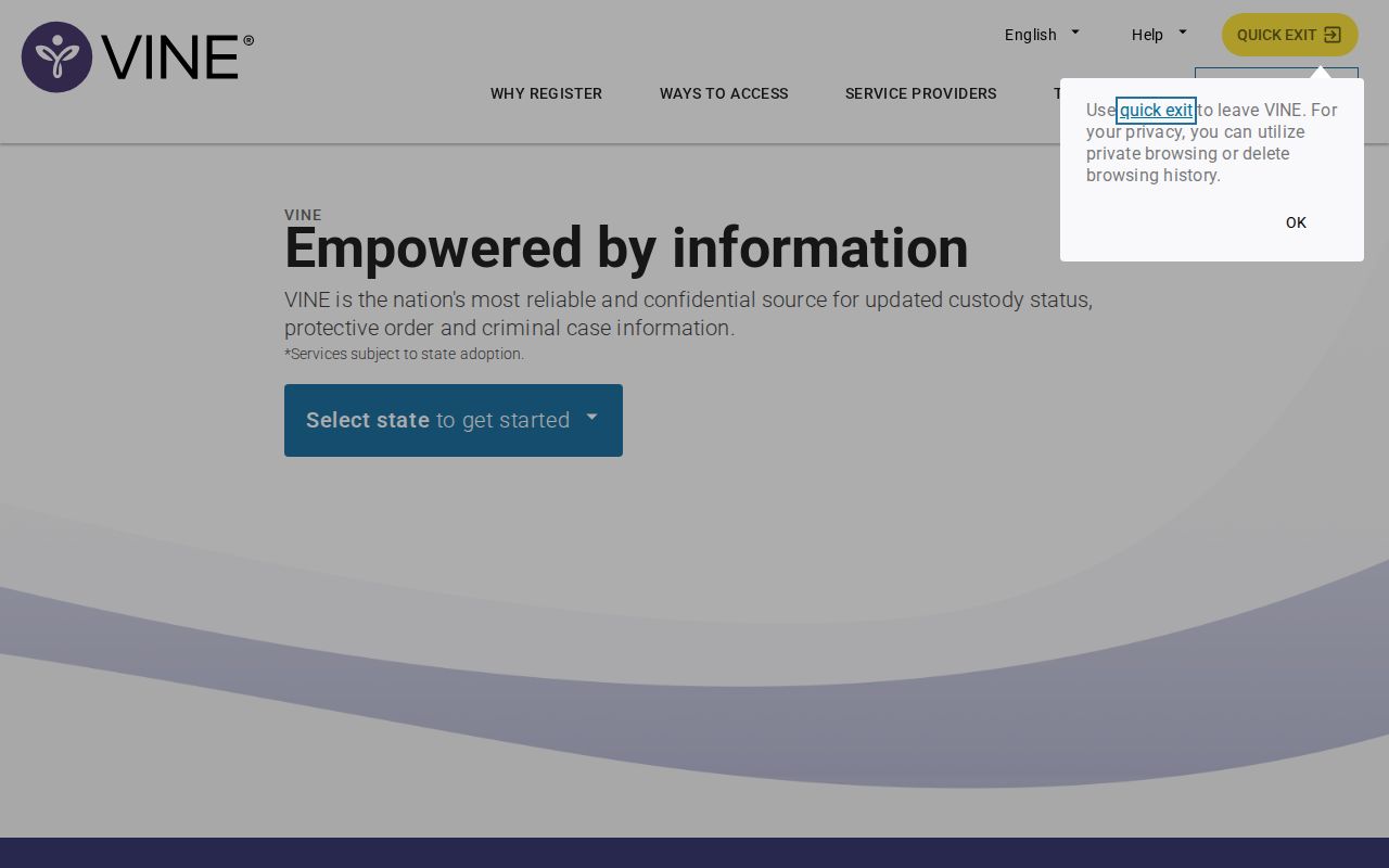 VINELink custody search interface after entering the service