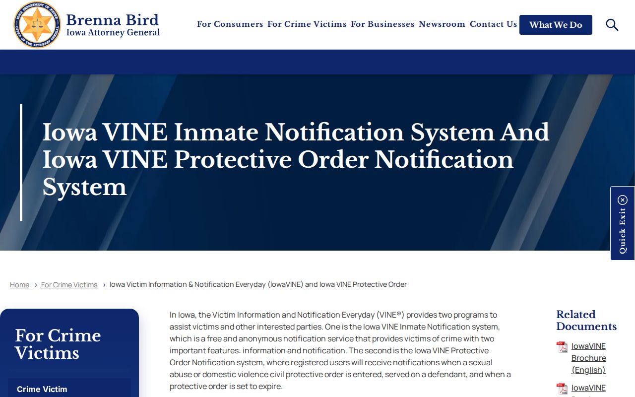 Iowa Attorney General IowaVINE page describing free anonymous custody alerts