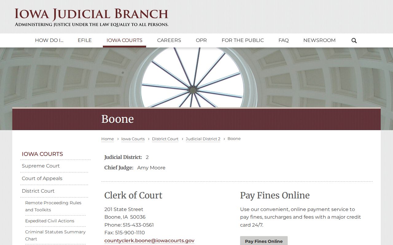 Iowa Judicial Branch Boone County clerk contact page