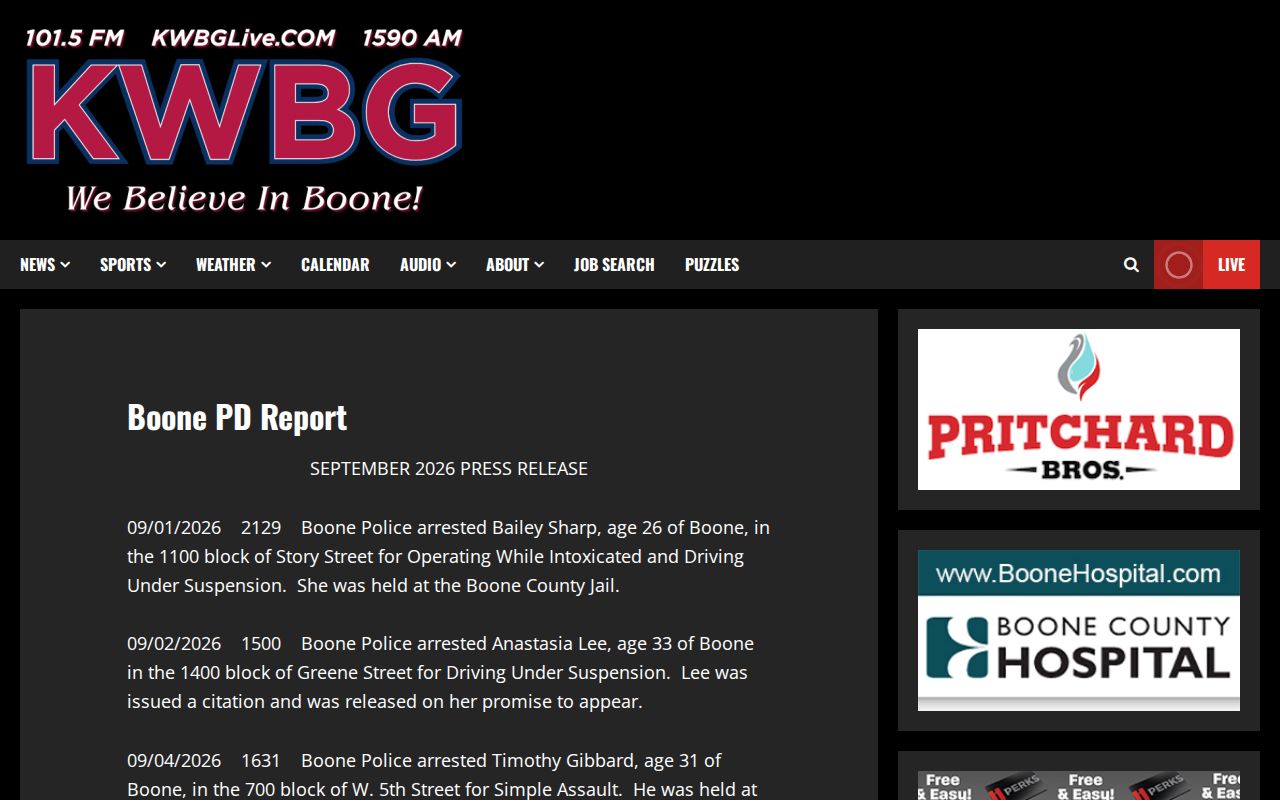 KWBG Boone Police text reports with innocence notice